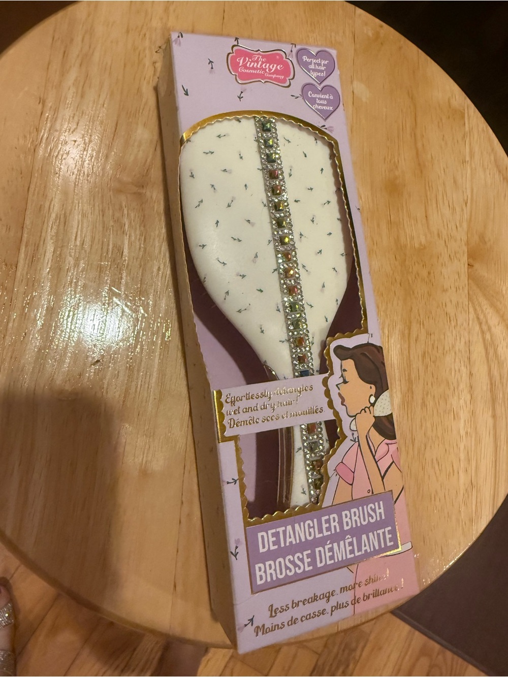 White vintage looking Detangler Brush with Rhinestone Accent-New